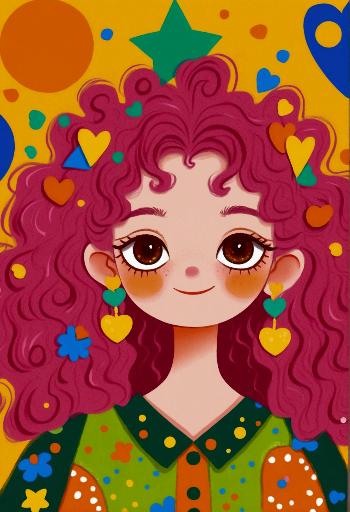 1 Girl, Pink curly hair, Decorated with orange and green horn hair accessories. The character wears a green shirt with an orange triangle pattern，Wearing star-shaped earrings. The background color is bright，Yellow-orange theme, Featuring red hearts, A blue square, and a blue crescent moon. The overall atmosphere is lively and wonderful, With pop art style elements. 