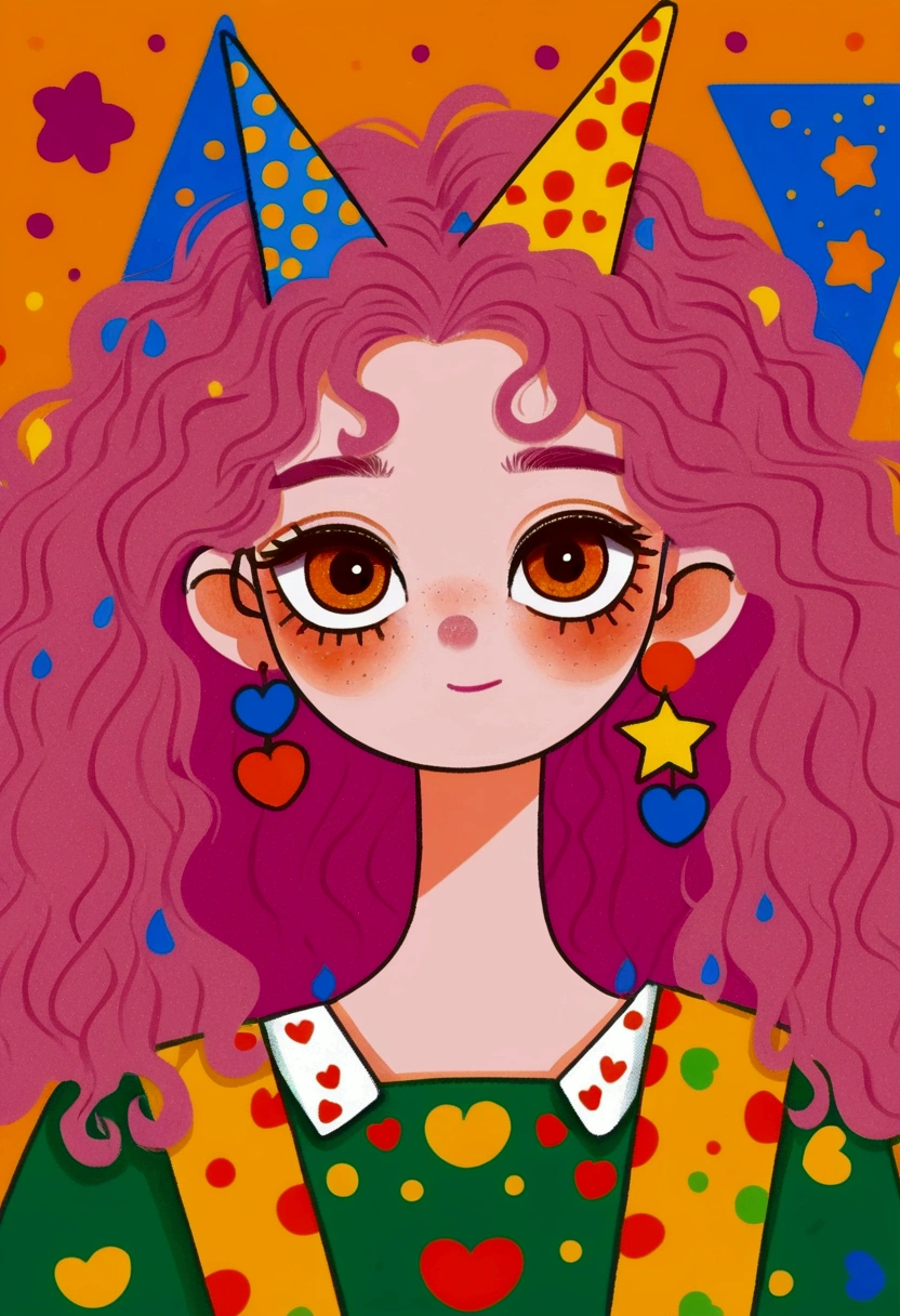 1 Girl, Pink curly hair, Decorated with orange and green horn hair accessories. The character wears a green shirt with an orange triangle pattern，Wearing star-shaped earrings. The background color is bright，Yellow-orange theme, Featuring red hearts, A blue square, and a blue crescent moon. The overall atmosphere is lively and wonderful, With pop art style elements. 