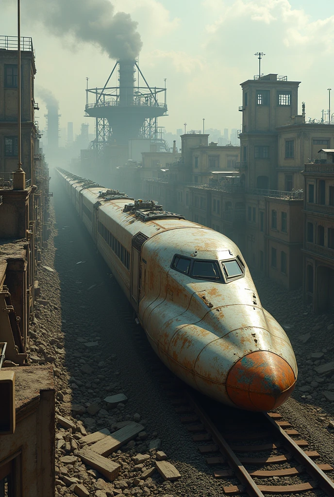 diagonal image of a dirty and rusty bullet train in a post-apocalyptic city, there are many ruined buildings around and in the background, he is passing between destroyed houses and buildings in ruins, o trem tem dois andares, he is crossing between houses and metal buildings, post apocalyptic environment, the train passes through a destroyed industrial area with tall metal towers belching smoke 