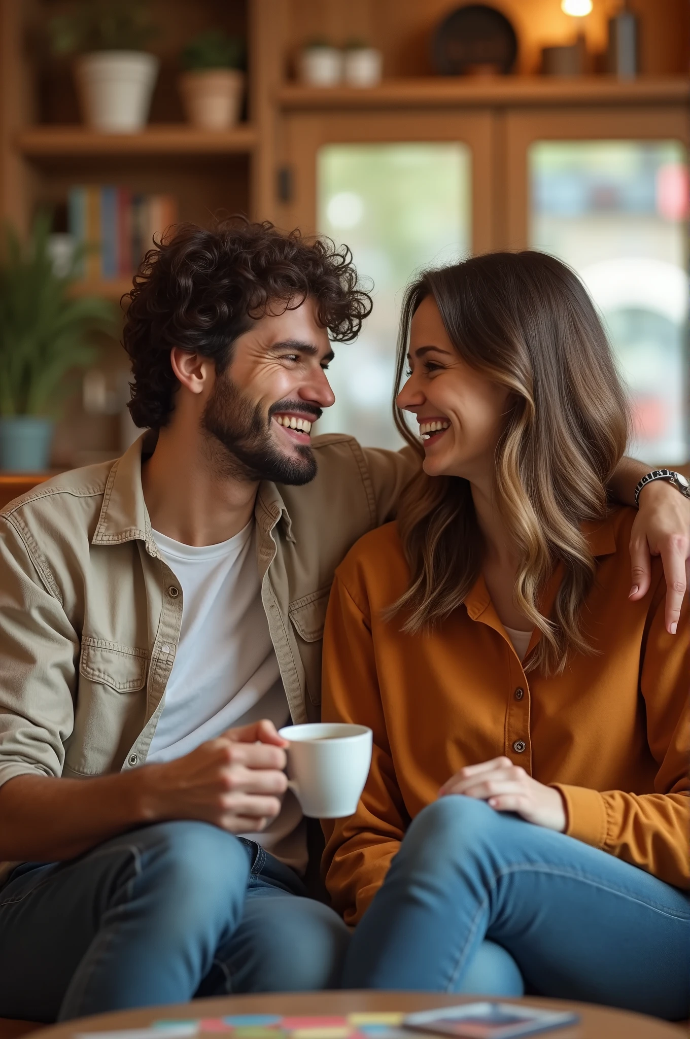 beautiful girl and a handsome man sitting on a chair at a coffee shop laughing
