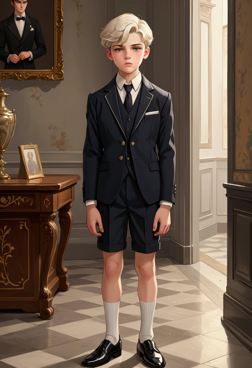 Best quality. 4k. Hyper realistic. Male. Young. British school boy. Skinny. White button down. Buttoned up. Black Suit jacket. Short shorts. Black shoes. Knee socks. Blondes. School Uniform. boy. traditional british uniform. boy. Black formal shoes. Bowl cut hairstyle. Standing. Innocent.