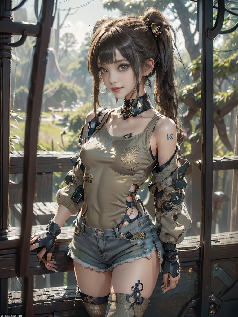(Full Body View:1.4)、(Side view:1.2)、(Please smile with your teeth showing:1.4),(Shibuya Gal:1.5)、(Goth Style Fashion:1.5)、(Tattered khaki and gray futuristic micro high leg bodysuit:1.5)、(Tattered Khaki and Beige Micro Fancy Sleeves:1.5)、(Tattered khaki micro shorts:1.5)、(Brown and khaki knee socks:1.3)、(camouflage:1.3)、(Military jacket:1.4)、Brown boots、Khaki gloves、internal、(underwear is small:1.4)、2、(Posing as a gravure model:1.3)、((Highest quality、8k、masterpiece:1.3))、One person、The beauty of slim abs:1.3、(Hairstyle Casual、Big Tits:1.1)、dress:1.1、Super small face、Narrow eyes、double eyelid、Laughter、Esbian all over body、Dynamic Angle、Close-up、CPL Filter、Blurred Background、Bokeh、Blue Hour、Detailed face and skin texture、Detailed Eyes,(Twin tails:1.3)、(Golden brown hair:1.4)、Gravure idol pose、(Background: Beautiful ancient palace in the deep forest:1.3)、(The body is slim:1.2),(Slim legs:1.4),(clavicle:1.1)
