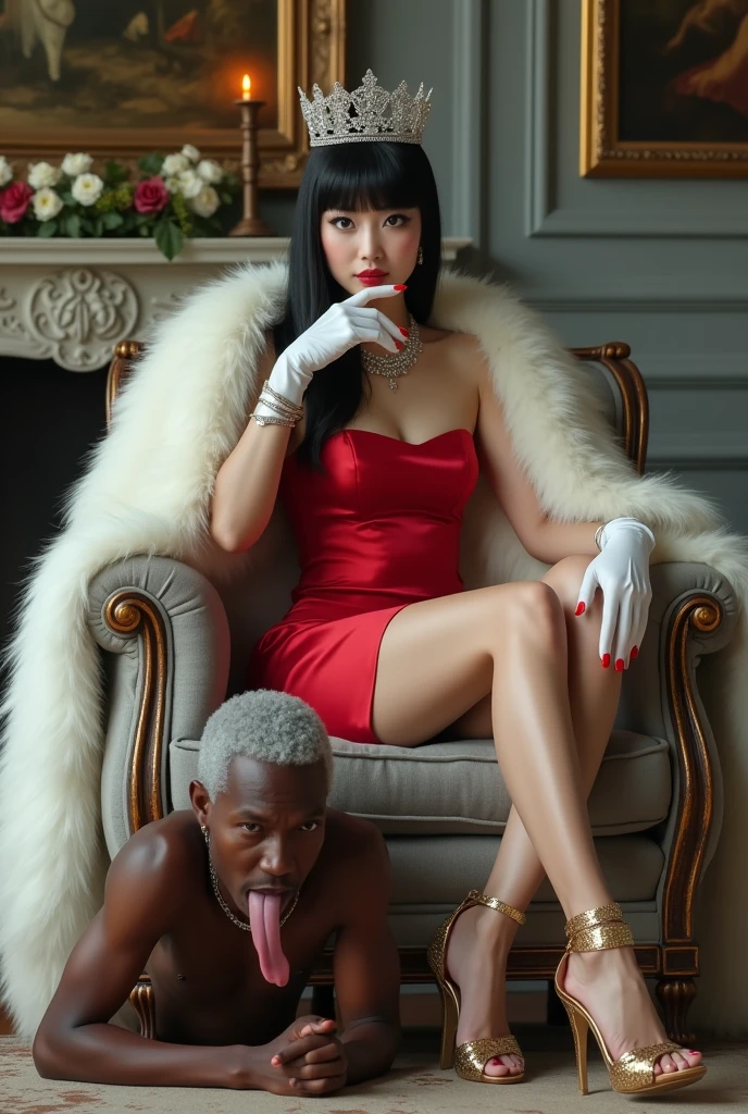 A millionaire, elegant, evil and cruel Russian woman with white skin, long platinum hair, a gray miniskirt, a low-cut blouse, fishnet stockings and red high-heeled sandals, sitting on a chair in front of a dressing table, feeds dog food to a black baby slave lying on the floor, while she smokes a cigarette. The slave, sick and thin black baby eats the dog food directly from the ground with his mouth, while he has a leash around his neck that the Russian woman holds.  In the background, elegant and wealthy women throw garbage on the ground and mock the baby slave.