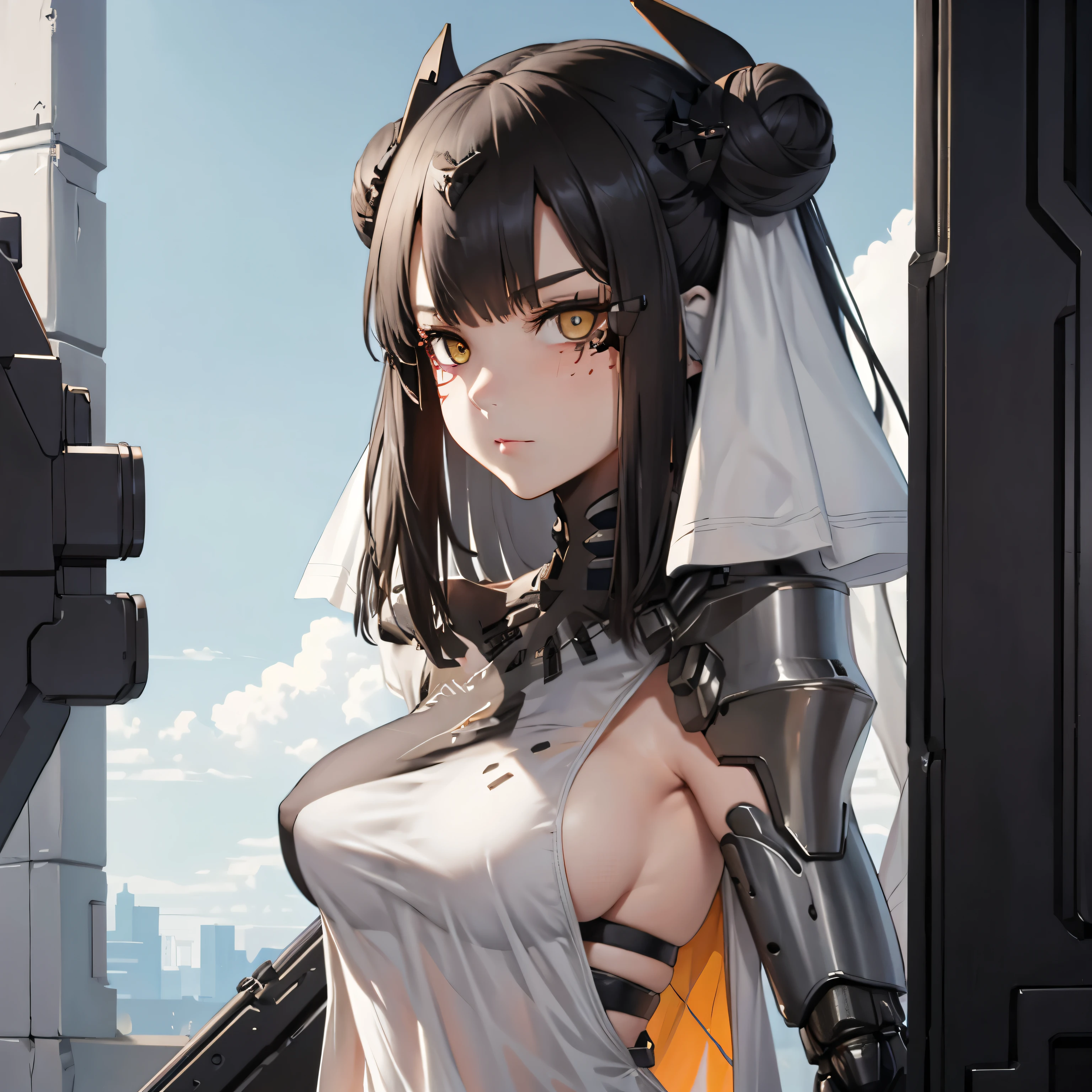 (insanely detailed, beautiful detailed face, masterpiece, best quality), ((masterpiece)),((best quality)),(highres), bokeh, looking at viewer, solo, 1girl, cowboy shot, Nitorization, white dress, mechanical arms, mechanical legs, sideboob, facial mark, eyepatch, AgentNormal, double bun, maid, sangvis ferri, yellow eyes, black hair