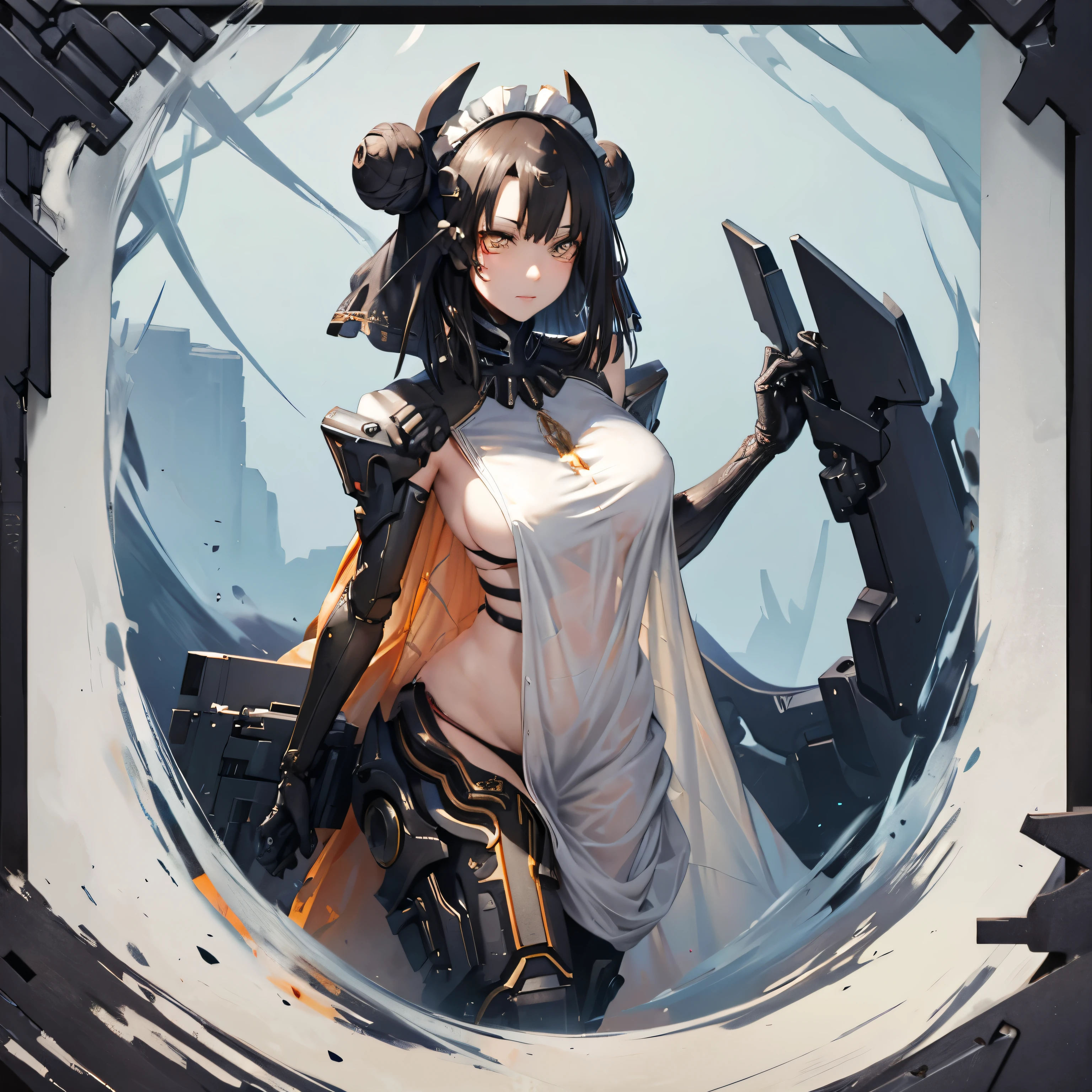 (insanely detailed, beautiful detailed face, masterpiece, best quality), ((masterpiece)),((best quality)),(highres), bokeh, looking at viewer, solo, 1girl, cowboy shot, Nitorization, white dress, mechanical arms, mechanical legs, sideboob, facial mark, eyepatch, AgentNormal, double bun, maid, sangvis ferri, yellow eyes, black hair, (((full body)))