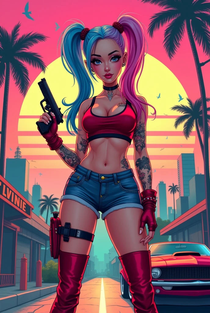 bimbo, 20 years old, platform boots, perfect fake boobs, tattoos, tight latex, slutty, dark city, outside, hoop earrings, showing ass, street, dark alleyway
