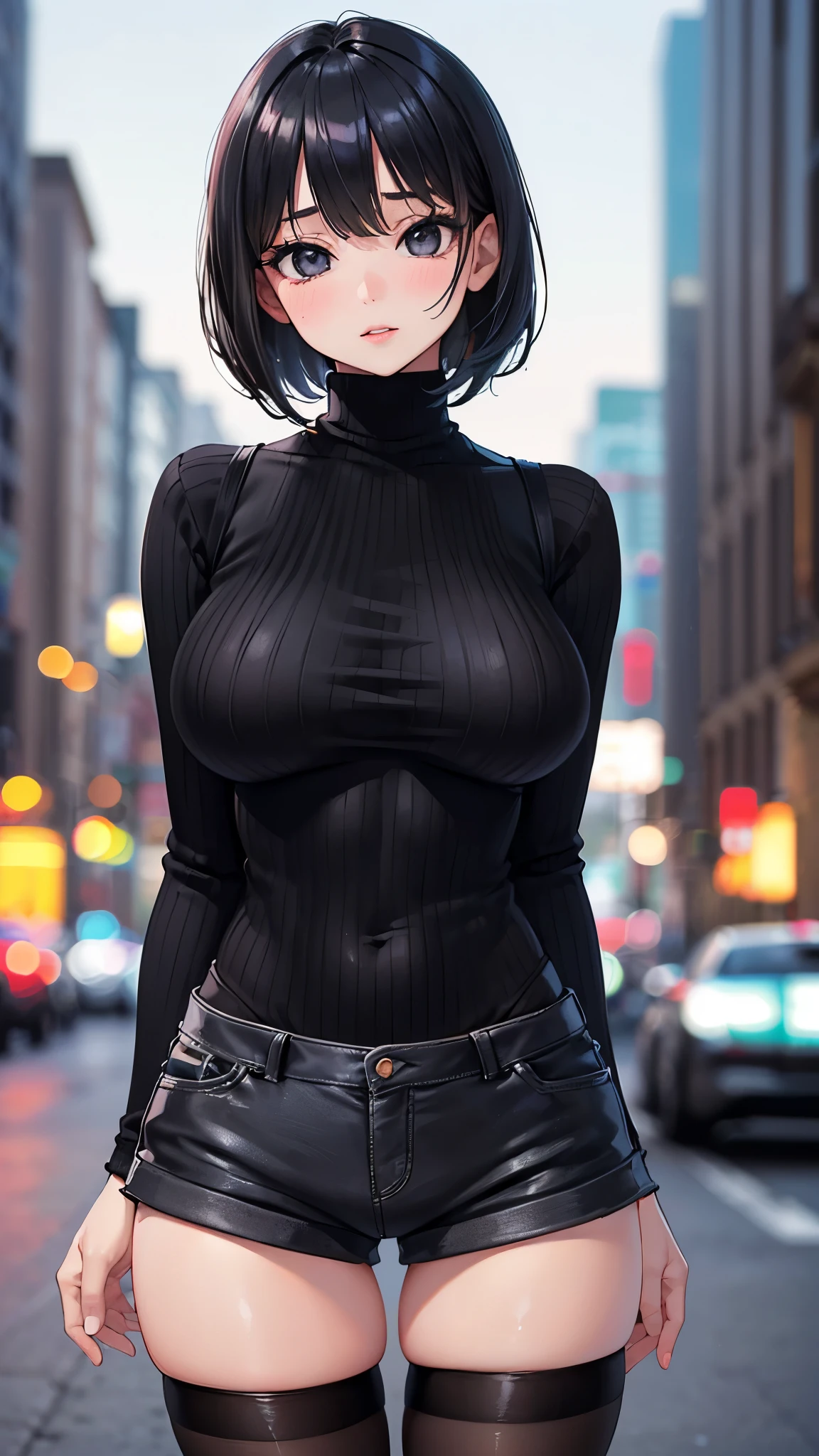 ((masterpiece)), ((Highest quality)), ((Complex)), ((超Realistic)), (Realistic), (Mature Woman), ((There are no classes)), Very detailed, 1 girl, eyelash, double eyelid, (Beautiful Teeth), Grin, Brunette bob hair, Brown eyes, (Lilac long turtleneck), (Red tight mini skirt), ((Thighs)), (stockings), (background: underground), detailed background, Perfect Eyes, Captivating eyes, Looking at the audience