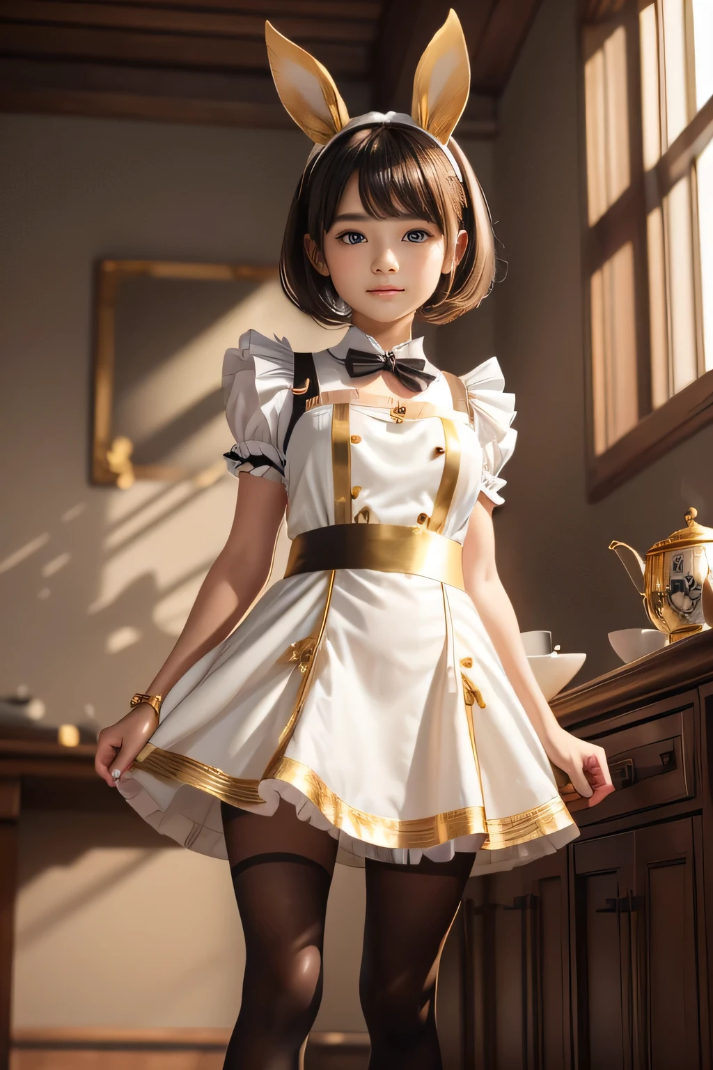 (Best quality, 4k, 8k, highres, masterpiece:1.2), ultra-detailed, ((bishoujo girl)), ((Petite and adorable girl with **********)), ((Brown and Short hime cut with bunny ears and Blunt bangs)), ((full body)), ((stand pose)), ((((Black and white Maid dress with gold accessories, White tights)))), ((Maid shoes)), ((Slim and petite)), (((Fantasy))), (((Petite with thick thighs))), (((thick thighs)))), ((fully detailed)), illustration, (Original Character, Unity 16K Wallpaper, masterpiece, Best Quality, Ultra-detailed, extremely details CG, Caustics, Cinematic lighting, Detailed, Beautiful detailed eyes, Solo, Oily skin), Ultra High Resolution, Fine skin, (Brown and Short Hime cut with bunny ears and Blunt bangs), (Strong lights), ((Brighten the subject)), Blushed face, Blushed face,
