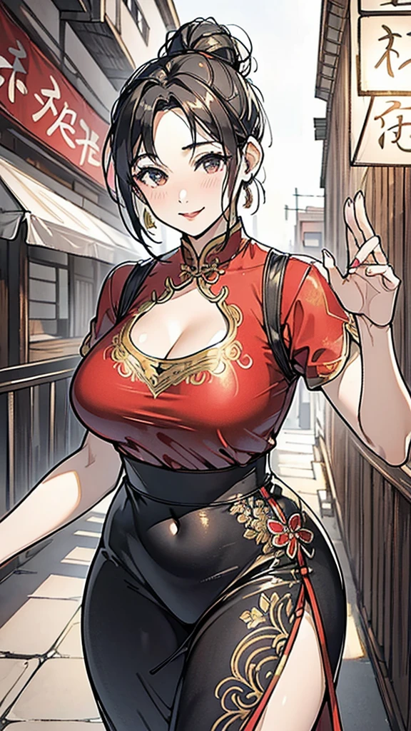 a beautiful woman，Standard red silk cheongsam，Hair tied into a bun，short black hair，Large Breasts，Sexy，Slim body，Holding a Chinese long sword，long sword waving， (gold embroidery thread)， (Such)，cleavage， City，Outdoor Chinese restaurant，Smile，lipstick