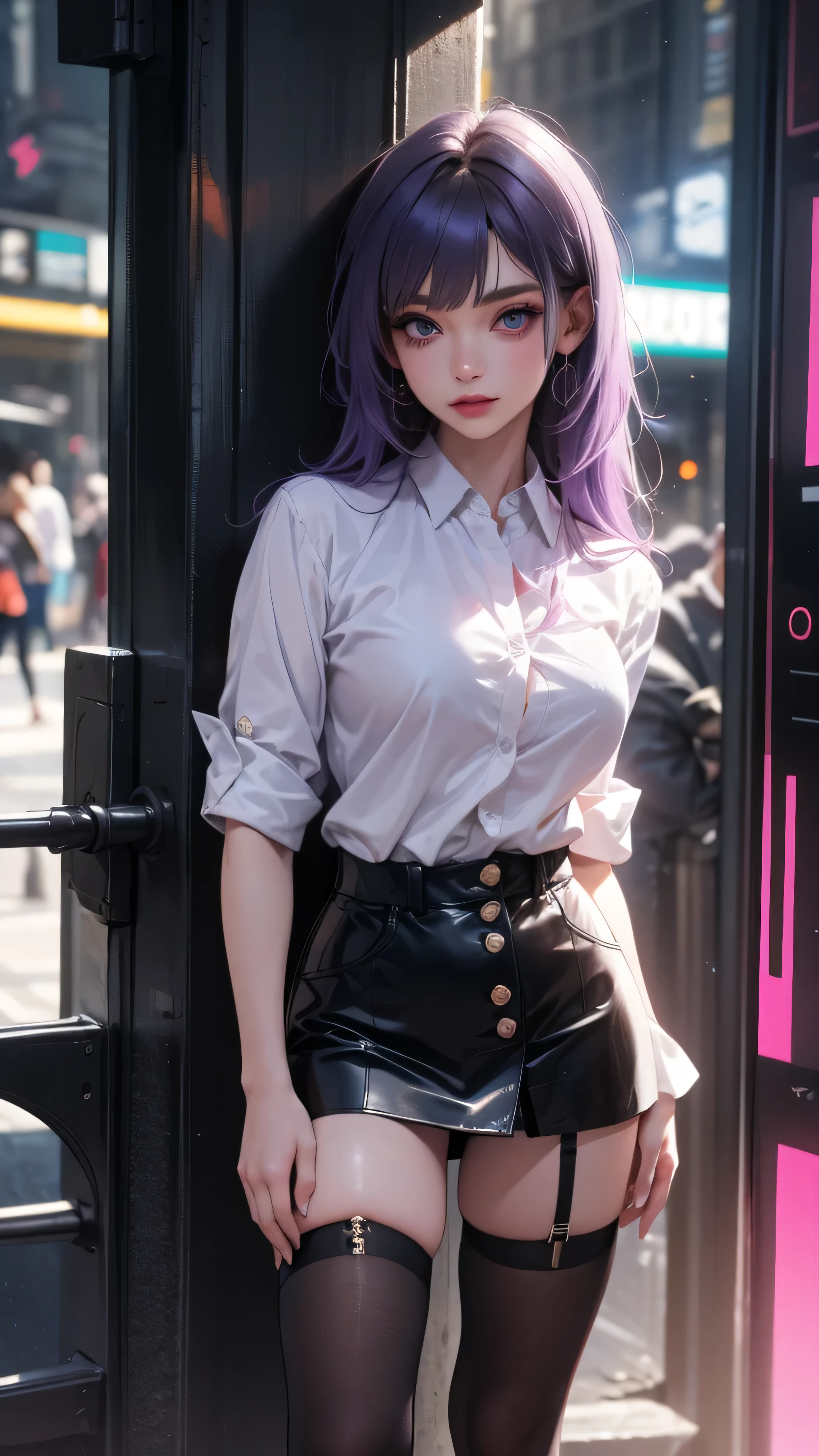 ((masterpiece, best quality)), ((1girl)), (solo), (realistic), (female focus), (skinny), thin waist, thin hips, (goth girl), (purple hair, very long hair), futuristic, eyeshadow, mascara, long eyelashes, large blue eyes, looking at viewer, light smile, goth, cyberpunk, sexy, (buttoned shirt), (button gap)), (short skirt)), standing, cyberpunk background, arms behind back, dynamic angle,