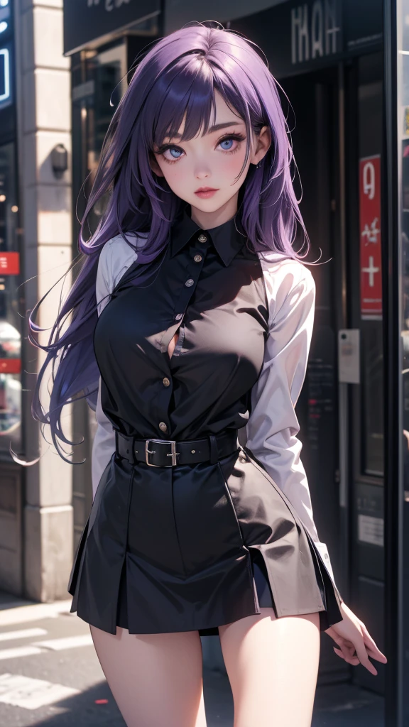 ((masterpiece, best quality)), ((1girl)), (solo), (realistic), (female focus), (skinny), thin waist, thin hips, (goth girl), (purple hair, very long hair), futuristic, eyeshadow, mascara, long eyelashes, large blue eyes, looking at viewer, light smile, goth, cyberpunk, sexy, (buttoned shirt), (button gap)), (short skirt)), standing, cyberpunk background, arms behind back, dynamic angle,