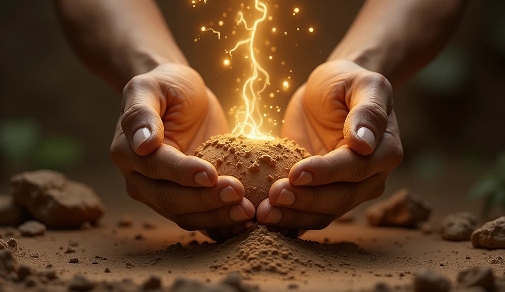 Generates a high resolution image at 9:16 depicting God's hands restoring a broken clay pot with cracks. with flashes of light in his hands. With a glowing sunrise background. The stage has soft colors and in the background you can see the light of the new dawn. implying that God heals people.