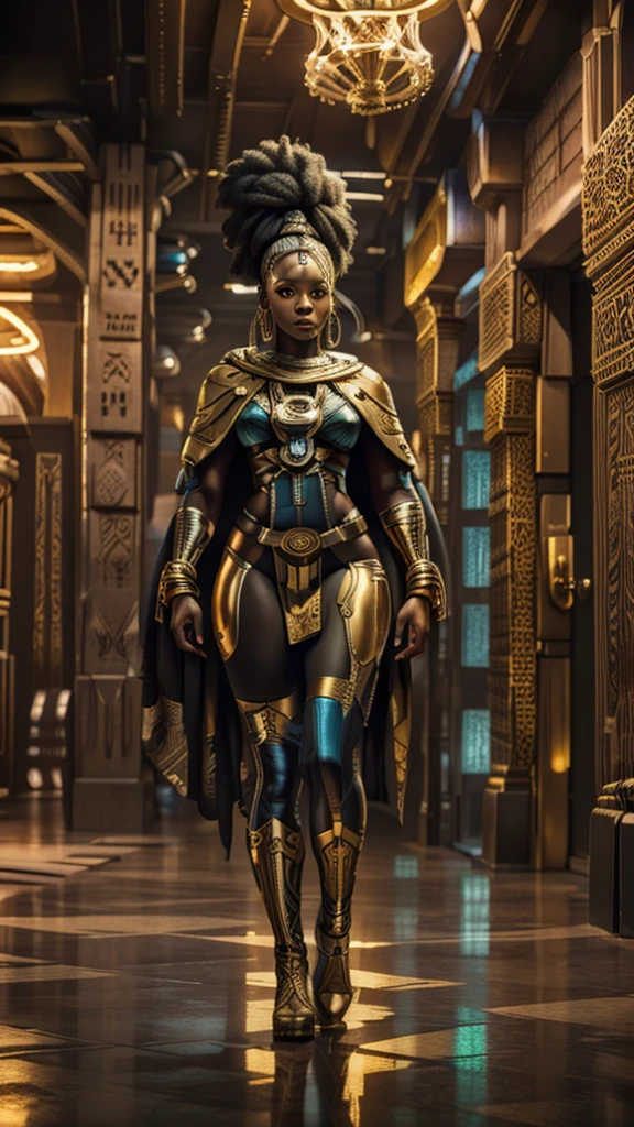 photorealistic, an African American group of women, superhero group, beautiful, spandex tights, cute pose for the camera, walking in grand champion hallway, (Best quality, 8k, 32k, Masterpiece, UHD), 32K wallpaper, golden hallway background, super hero costume, cape, thick body figure, chubby, showing excitement, joyful