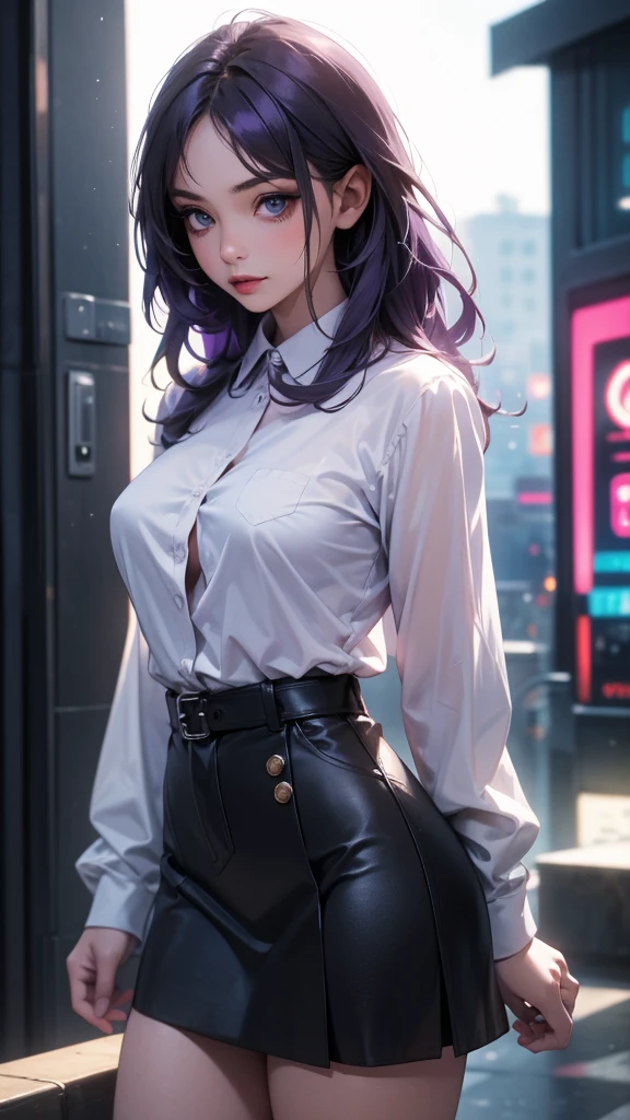 ((masterpiece, best quality)), ((1girl)), (solo), (realistic), (female focus), (skinny), thin waist, thin hips, (goth girl), (purple hair, very long hair), futuristic, eyeshadow, mascara, long eyelashes, large blue eyes, looking at viewer, light smile, goth, cyberpunk, sexy, (buttoned shirt), (button gap)), (short skirt)), standing, cyberpunk background, arms behind back, dynamic angle,