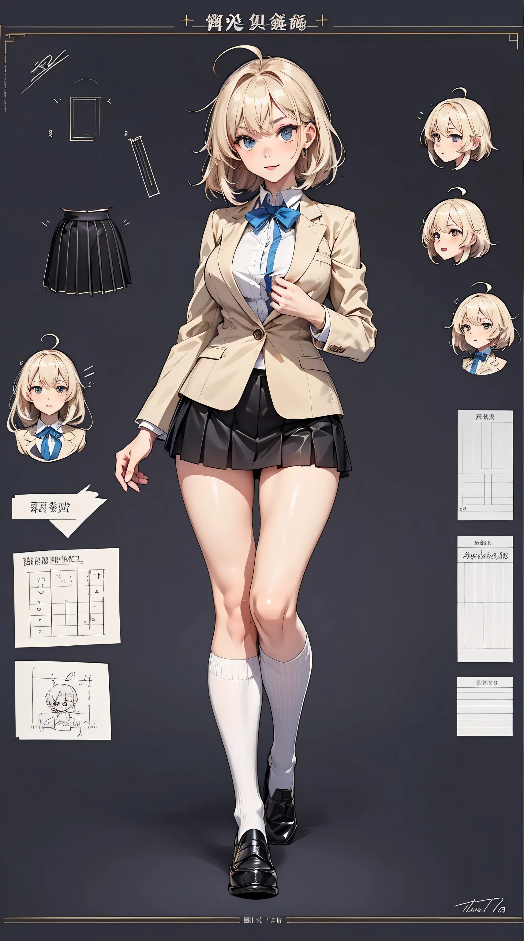 girl, alone, whole body, From head to toe, Are standing, (Huge_chest:1.3),
Character design sheet, Character Reference Sheet, Schematic, Drafting, Blueprint, Schematic,
((Character design sheet:1.7, Character Reference Sheet:1.7,)),
anime/cartoon character wearing a girls , 1girl, alone, Thigh-high socks, blazer burezaa (blazer), Ahoge, Long Hair, bow, , shoes, loafers, ribbon, (Very short skirt:1.4),
