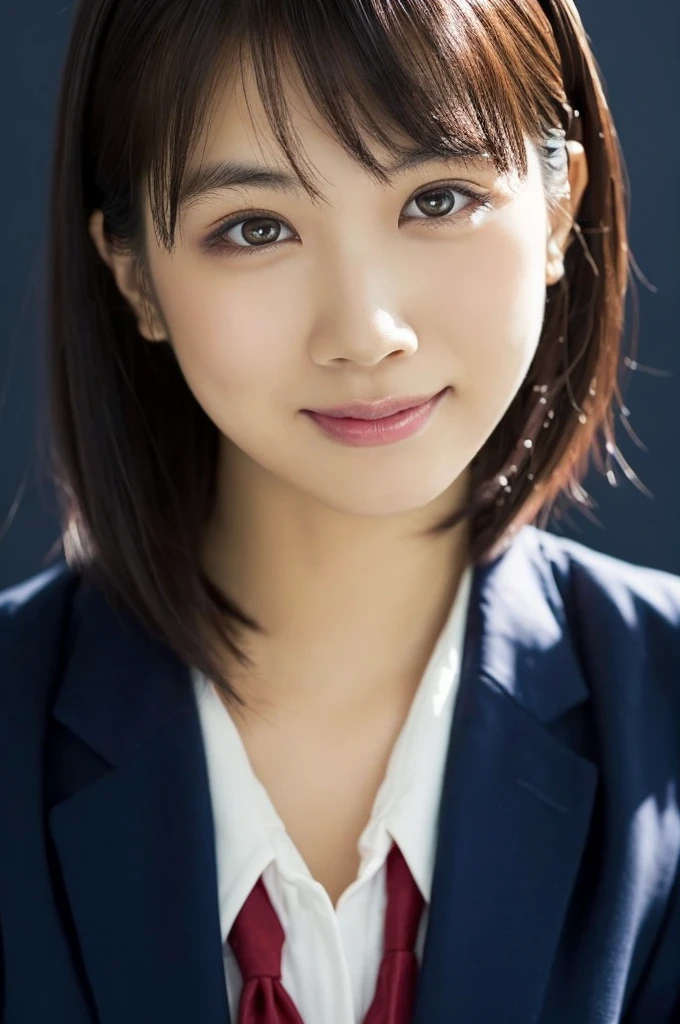 1 girl, (White shirt with red tie, Wearing a navy blue jacket:1.2), Very beautiful Japanese idol portraits, 
(RAW Photos, highest quality), (Realistic, Realistic:1.4), (masterpiece), 
Very delicate and beautiful, Very detailed, 2k wallpaper, wonderful, finely, very detailed CG Unity 8K 壁紙, Very detailed, High resolution, Soft Light, 
Beautiful detailed girl, Very detailed目と顔, Beautiful and sophisticated nose, Finely beautiful eyes, Cinema Lighting, 
(Simple light color background:1.3),
(short hair), (bangs), 
Complete Anatomy, Slender body, Small breasts, smile