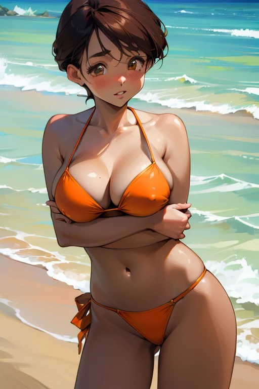 ((masterpiece)), ((best quality)), (ultra-detailed), ((kawaii)), cute, (lovely), ((sexy)), ((extremely detailed)), 4K, (8K), best quality, (beautiful), in the middle, beach, daytime, summer, a pretty woman, solo, orange bikini, ((beautiful eyes)), large breast, light smile, parted lips, standing