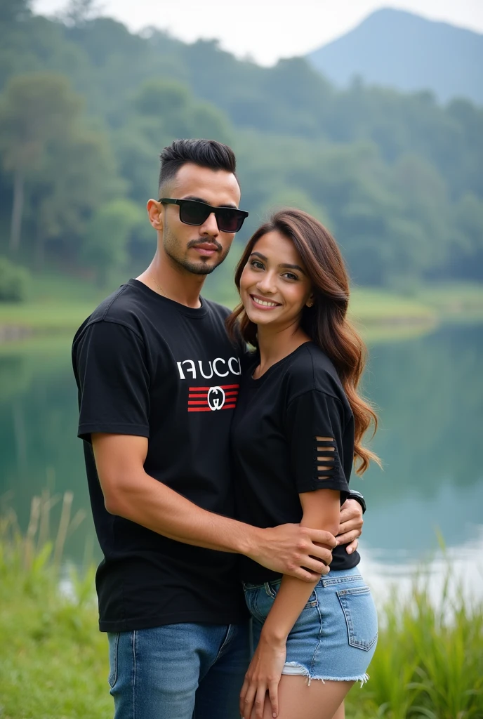 A handsome man and woman facing the camera wearing white t-shirts with the words "andrayana candani", sitting on a rock near the river in the twilight atmosphere, looking at the camera