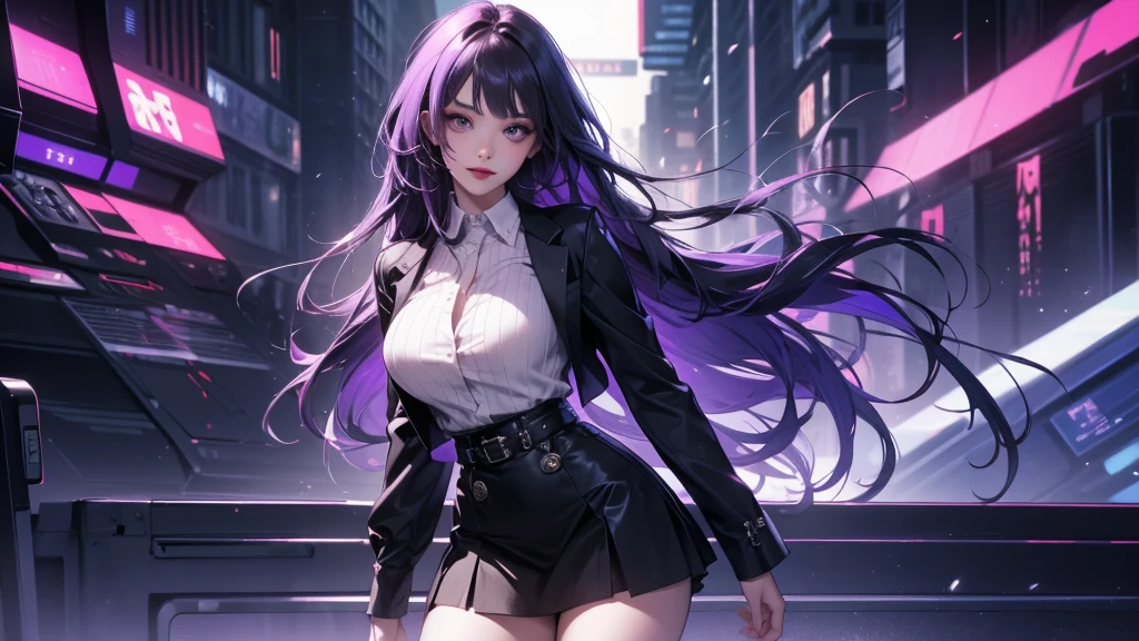 ((masterpiece, best quality)), ((1girl)), (solo), (realistic), (female focus), (skinny), thin waist, thin hips, (goth girl), (purple hair, very long hair), futuristic, eyeshadow, mascara, long eyelashes, large blue eyes, looking at viewer, light smile, goth, cyberpunk, sexy, (buttoned shirt), (button gap)), (short skirt)), standing, cyberpunk background, arms behind back, dynamic angle,