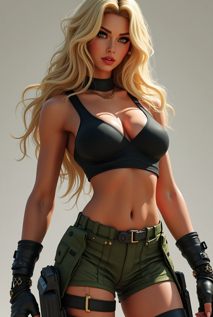 Beautiful woman, long blonde hair, big chest, troop green jeans, belt, bikini, just one person, comm big gun, in ruins with greens