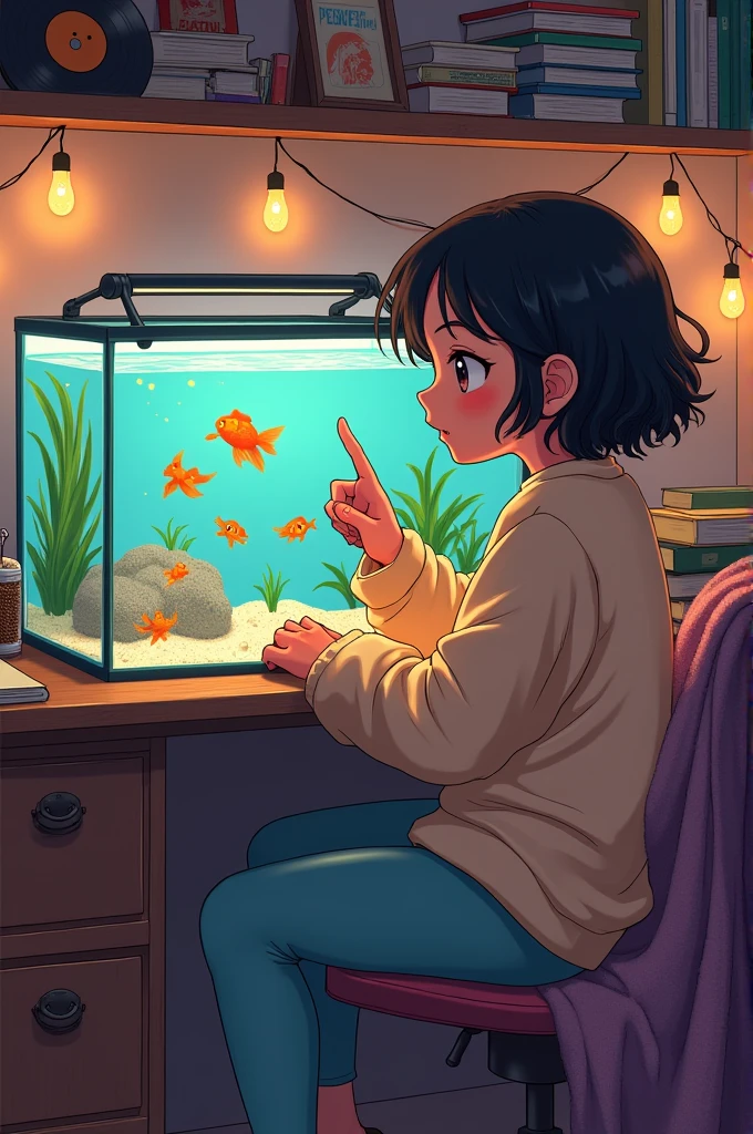 The girl cleaning the fish tank
