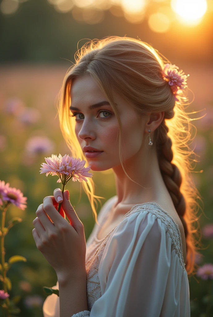 ((many big light blue spots and bokeh in the background, symmetrical eyes, symmetrical round blue iris membranes, symmetrical rounf black pupils, many freckles on the nose)), arafed woman with flowers in her hair posing for a picture, flowers in hair, beautiful portrait photo, flowers in hair, woman in flowers, flowers on hair, flower in her hair, photo of a beautiful woman, girl in flowers, flower storm portrait, flower goddess, girl in a bed of flowers, flower in hair, female portrait with flowers