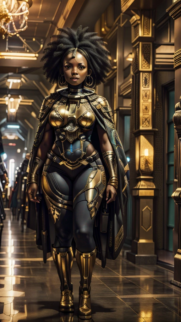 photorealistic, an African American group of women, superhero group, beautiful, spandex tights, cute pose for the camera, walking in grand champion hallway, (Best quality, 8k, 32k, Masterpiece, UHD), 32K wallpaper, golden hallway background, super hero costume, cape, thick body figure, chubby, showing excitement, joyful