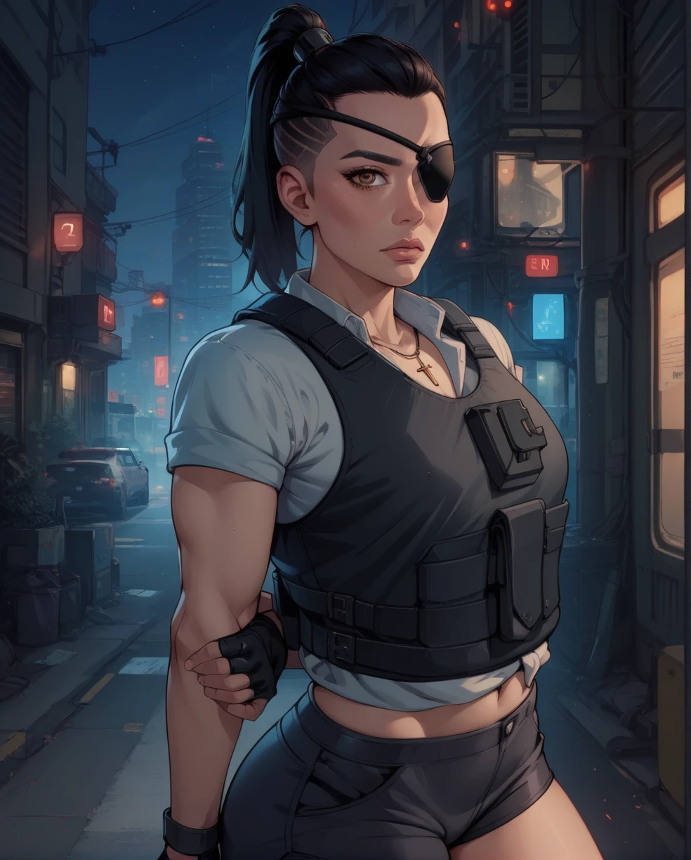 score_9,score_8_up,score_7_up,
Regina,brown eyes,black eyepatch on right eye,black hair,ponytail,undercut, small breasts, fit toned body, wide curvy hips, big ass,
shirt,vest,cross necklace,looking at viewer,fingerless gloves,black sports shorts,
night,police office,science fiction,standing, behind back,
looking at viewer,solo,