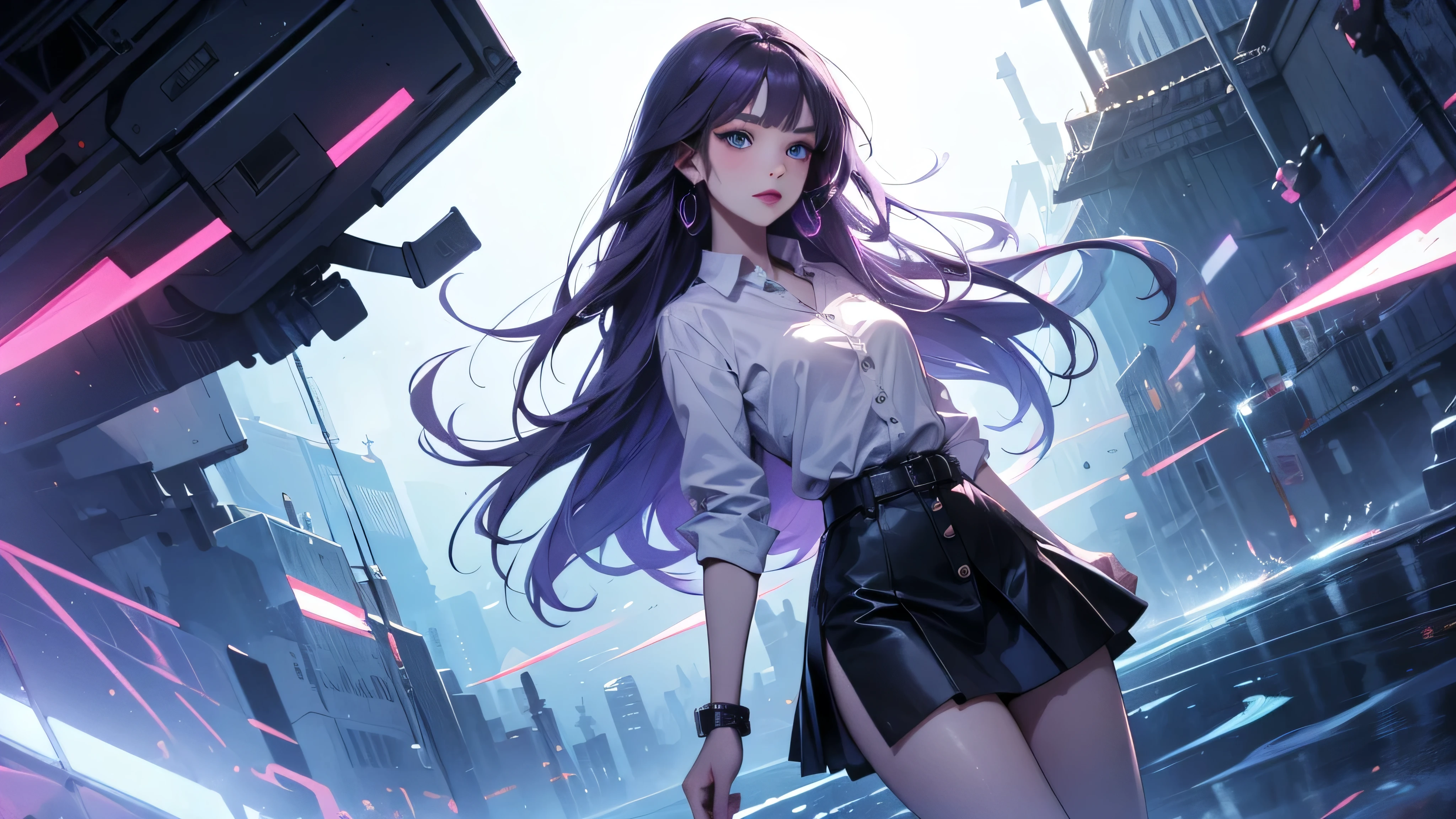 ((masterpiece, best quality)), ((1girl)), (solo), (realistic), (female focus), (skinny), thin waist, thin hips, (goth girl), (purple hair, very long hair), futuristic, eyeshadow, mascara, long eyelashes, large blue eyes, looking at viewer, light smile, goth, cyberpunk, sexy, (buttoned shirt), (button gap)), (short skirt)), standing, cyberpunk background, arms behind back, dynamic angle,