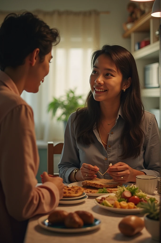 fat asian woman, fat asian woman eating keto food, in the office, fat asian man woman seeing the mirror, fat asian woman seeing healthy slim version of herself in the mirror, keto food is in the paper bowl cup, detox juice in the pvc cup