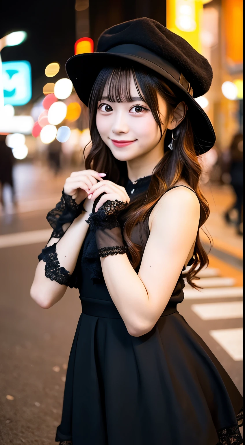 high quality, 最high quality, masterpiece, Very cute、beautifully、detailed, Professional photography, Proper Lighting,
Very beautiful girl, Beautiful Face, Face Tattoos,
Halloween Costumes, Black short dress, Black witch hat, Orange accessories,
smile, Laughter, Blushed, (thin, Pale skin,:0.8)
Very straight medium length hair（Single Blade）,
(Bokeh, Dynamic Angle, city, Running on the road, Midnight, Shibuya Ward,:0.8)