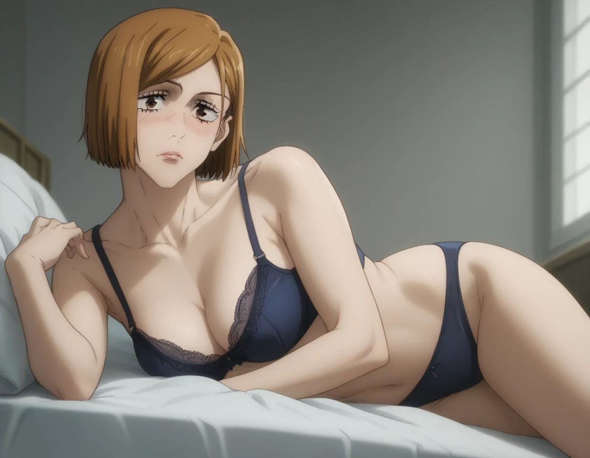 sauce_anime, ambient light,
jujutsu_kaisen_style,  1girl ,tall girl,nobara kugisaki, bob cut, brown eyes, brown hair, lips, short hair,,, close up face:0.2 ,  
nsfw, Nobara Kugisaki, (show off bra),undress clothes,
indoors, bed, realistic bed room, (on side), in panties,
cowboy shot, looking at below, solo, dutch angle, blush,, medium breast, 