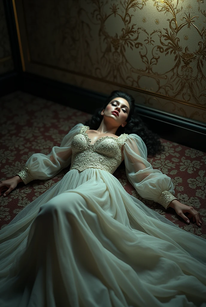 (bright lighting,romantic setting),bride captured, dreamy background,bondage,dark hair, mesmerizing gaze, , soft skin, alluring beauty, artistic portrait, high-quality image, vibrant colors, long silk gown, in the bed,tape bondage,tape gag, mosquito net, bridal