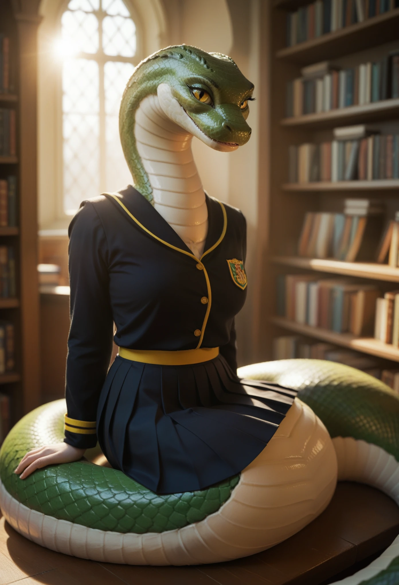 in the style of rotarr, in the style of zaush, in the style of binxxy, solo, (anthro), female, snake, green scales, (naga), boa snake, snake body, snake tail, morning lighting, in library, bashful, smiling at viewer, (pleated skirt), hogwarts uniform, hufflepuff uniform, hufflepuff emblem, black robe, hogsks, lamia, reptile snout