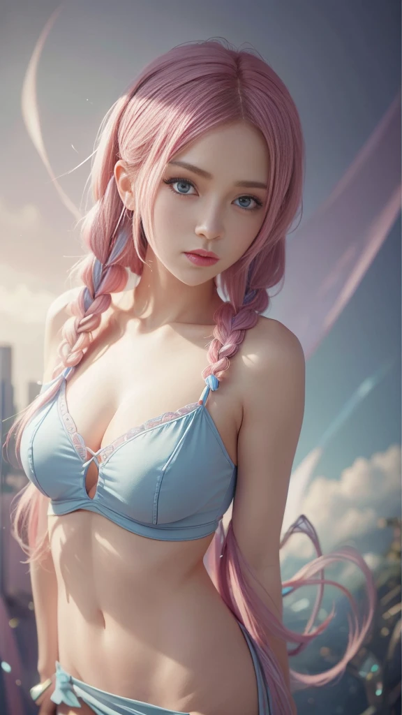 Ultra-detailed complex 3D rendering of the face, (Colossal: 8.8), (masterpiece, top quality, octane rendering,), glamour shots full body image, very beautiful young elf, cleavage, (highly detailed skin: 1.2), (exposure: 1.1), blonde, ((Pink bikini: 1.95)))). 40k, ((very soft breasts)), ((conspicuous large pink areola)). Beautiful Caucasian woman with black skin with full soft breasts and black skin of big ass, one, long braided hair, big breasts, dynamic angle, mystical expression, ultra-realistic photo, (((portrait)))), bare feet, futuristic city background, facial muscles, detailed and beautiful gold crown, in the style of Marvel Comics, ArtStation trends, clear focus, studio photography, Intricate detail, highly detailed, detailed blue eyes, highly detailed, sharp focus, digital rendering, professional, abs, dark gray background,