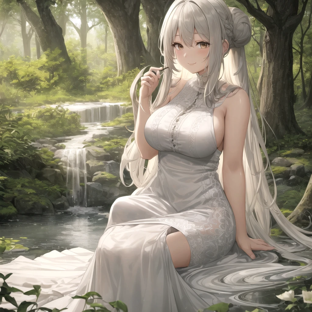 CG, unified, 8K, wall paper, (Masterpiece), (Best quality),(1girls:1.1), BEST lighting, complex pupils,, Detailed background, Lotus pond,White lotus flowers bloom,Sunny, Smiling, exquisite face,slick skin,Green eyes,White Hanfu,,Picking lotus flowers(White lotus flowers bloom,butterflies,sunbeams,The dense lotus leaves are taller than people),wet light clothes,Sexy body,showering,Bare body,Almost naked,huge breasts,