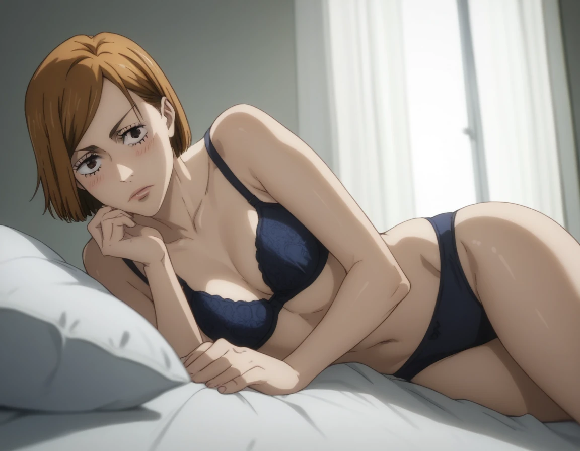 sauce_anime, ambient light,
jujutsu_kaisen_style,  1girl ,tall girl,nobara kugisaki, bob cut, brown eyes, brown hair, lips, short hair,,, close up face:0.2 ,  
nsfw, Nobara Kugisaki, (show off bra),undress clothes,
indoors, bed, realistic bed room, (on side), in panties,
cowboy shot, looking at below, solo, dutch angle, blush,, medium breast, 