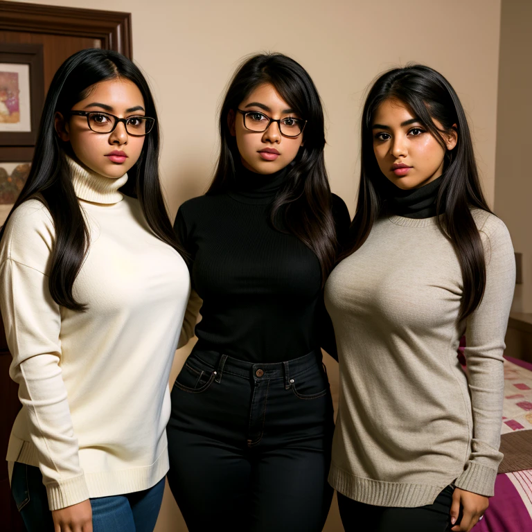 3 girls only, beautiful detailed, cute face, short, nerdy mexican emo teens, slightly chubby, different personalities, medium black hair, black hair over one eye, long sleeve turtleneck long shirt tucked in long pants, pearshaped wide hips, solo, voluptuous breasts, full body photo close up, in their room,