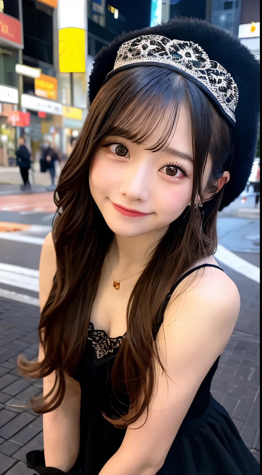 high quality, 最high quality, masterpiece, Very cute、beautifully、detailed, Professional photography, Proper Lighting,
Very beautiful girl, Beautiful Face, Face Tattoos,
Halloween Costumes, Black short dress, Black witch hat, Orange accessories,
smile, Laughter, Blushed, (thin, Pale skin,:0.8)
Very straight medium length hair（Single Blade）,
(Bokeh, Dynamic Angle, city, Running on the road, Midnight, Shibuya Ward,:0.8)