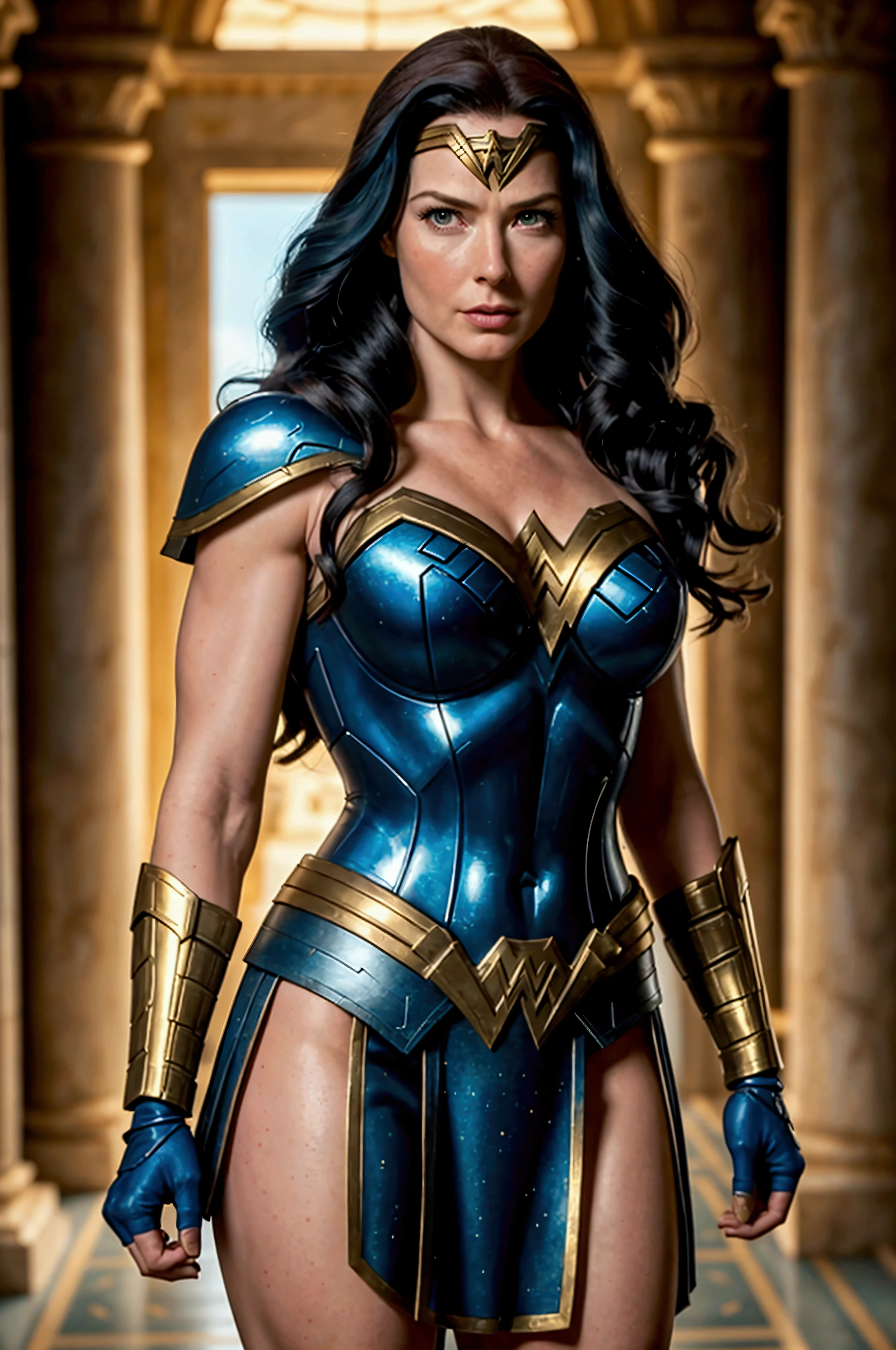ACTRESS BRIDGET REGAN AS A BEAUTIFUL BOMBSHELL WONDER WOMAN (( DC COMICS)), HUGE LONG BLACK HAIR, HIGH CHEEKBONES, ROSY CHEEKS, EYES LOOKING TO CAMERA, LOOKING TO VIEWERS, SERIOUS FACE EXPRESSION, NORSE FEMALE BEAUTY, PALE SKIN, TRADITIONAL BLUE RED COSTUME, EXPOSED GORGEOUS SWEATY THIGHS, FLAT BOOTS, GOLDEN GAUNTLETS, GOLTEN BRACELETS, GOLDEN TIARA, BULK ATHLETIC FEMALE BODY, MUSCLES, DETAILED QUADRICEPS, BALANCED LIGHTS ON FACE, MITHOLOGY, DAYLIGHTS, CLASSIC GREEK PALACE CENARY, SIDE BODY VIEW, SIDE BODY PERSPECTIVE, MIDDLE SHOT ANGLE, MASTERPIECE , HIGH DETAILED IMAGE, 8K
