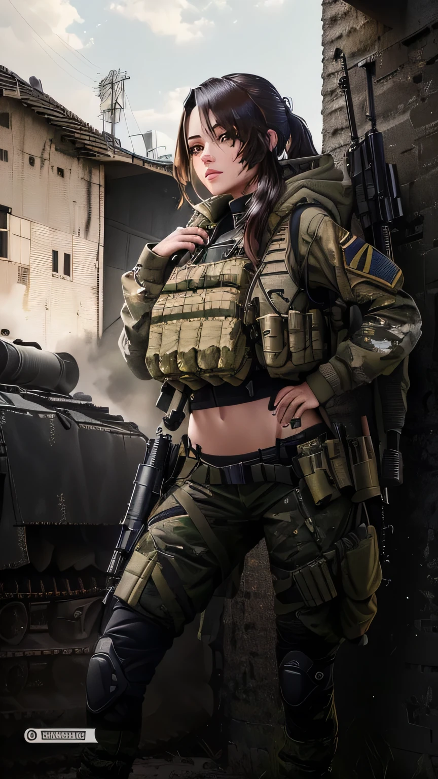 1girl, solo, short hair, brown hair, gloves, weapon, boots, uniform, gun, military, military uniform, rifle, assault rifle, one knee, camouflage