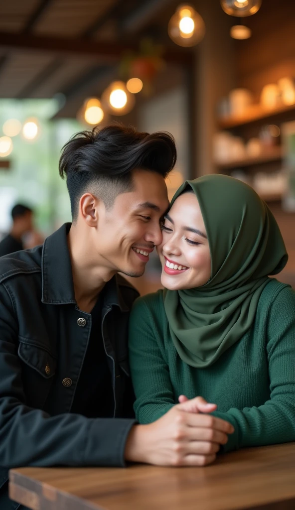 (photorealism:1.2),(Masterpiece),(Highlydetails) Create an image of a young Indonesian woman and man wearing a hijab and a white traditional dress. She is Smile her talking with she , She is holding a glass coffe, With table lamp with a burning candle inside, casting a warm glow on her face. The background lanscape is dimly lit, suggesting an evening or night setting, with soft, ambient light highlighting her gentle smile and serene expression." Ultra HD , Nature Shoot, real Photografy