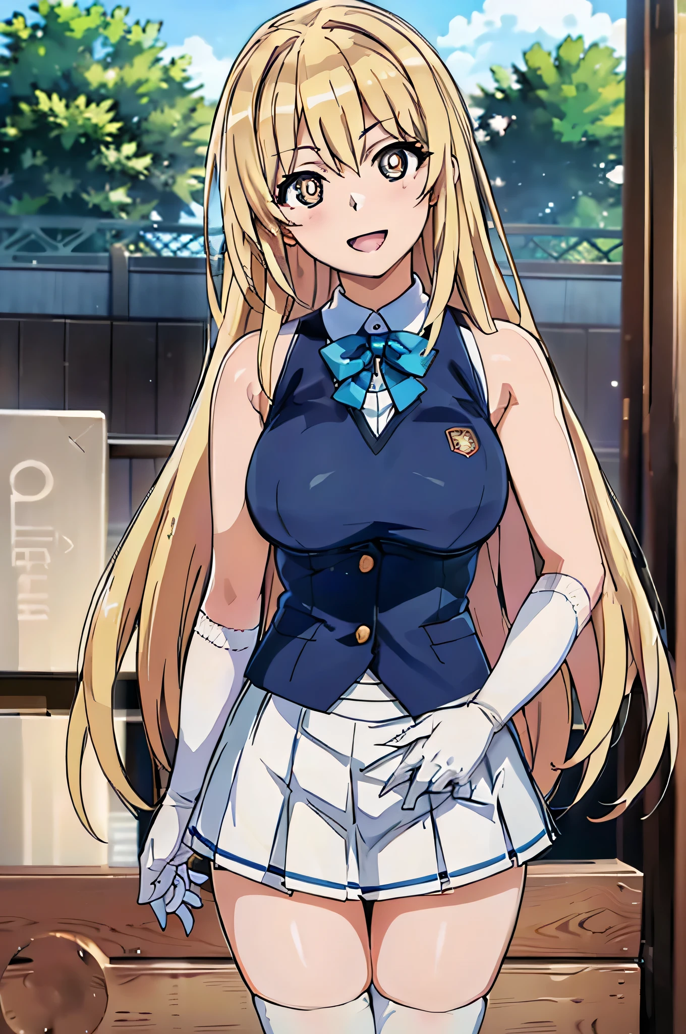 masterpiece, best quality, highres, hmmisaki, long hair, symbol-shaped pupils, +_+, large breasts, tokiwadai school uniform, sweater vest, short sleeves, white gloves, elbow gloves, pleated skirt, white thighhighs, cowboy shot, standing, smile, outdoors, straight-on, arms at sides,gold hair,masterpiece, absurdres,