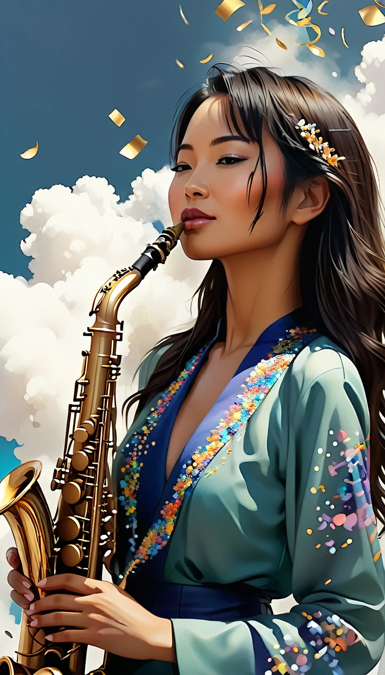 painting of an asian woman with a saxophone and a cloud of confetti, side profile artwork, beautiful artwork, art of alessandro pautasso, saxophone, extremely high quality artwork, a beautiful artwork illustration, beautiful digital artwork, artistic illustration, beautiful painting of a tall, by Keith Mallett, stunning artwork, beautiful art, exquisite digital illustration, funk art, beautiful digital illustration,KODEW