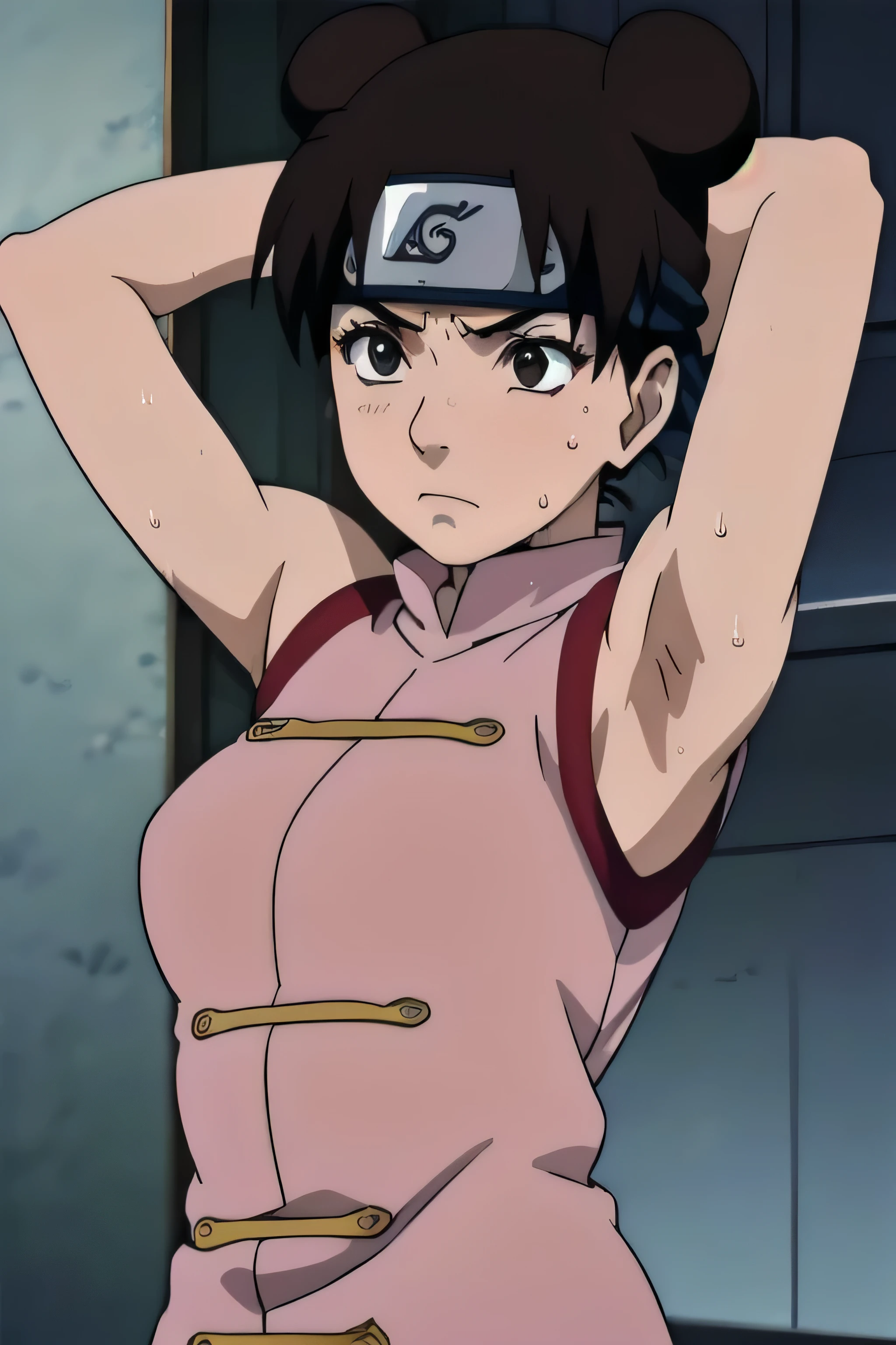 Tenten,solo,armpits,wet armpits, showing wet armpits, armpit,armpits,sweat,sweaty,sweaty armpits,awesome armpits,tired,exhausted,arms up,arm warmers,sleeveless, moderately sized breasts