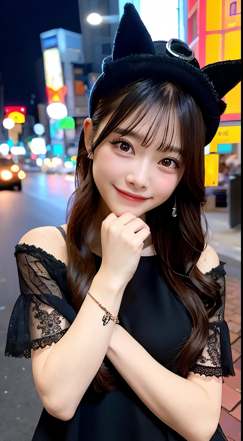 high quality, 最high quality, masterpiece, Very cute、beautifully、detailed, Professional photography, Proper Lighting,
Very beautiful girl, Beautiful Face, Face Tattoos,
Halloween Costumes, Black short dress, Black witch hat, Orange accessories,
smile, Laughter, Blushed, (thin, Pale skin,:0.8)
Very straight medium length hair（Single Blade）,
(Bokeh, Dynamic Angle, city, Running on the road, Midnight, Shibuya Ward,:0.8)