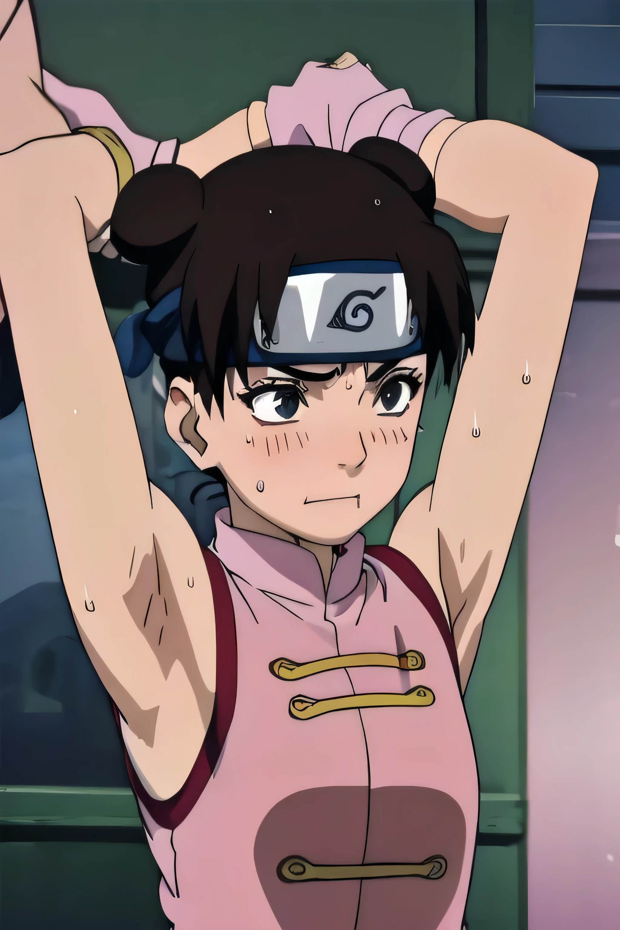 Tenten,solo,armpits,wet armpits, showing wet armpits, armpit,armpits,sweat,sweaty,sweaty armpits,awesome armpits,tired,exhausted,arms up,arm warmers,sleeveless, moderately sized breasts