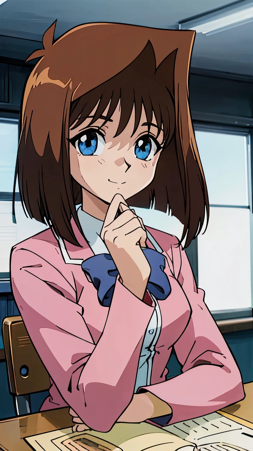 { 4k wallpaper : illustration : beautiful detailed eyes : extremely detailed face : perfect lighting : extremely detailed CG }  { in_classroom }  { 1girl : Tea_Gardner : cute_face : : brown_hair  : Perfectly_shaped_breast : Perfectly_fit_body  : sweet_smile : pink_school_jacket : blue_ribbon } { sitting : looking_at_viewer }