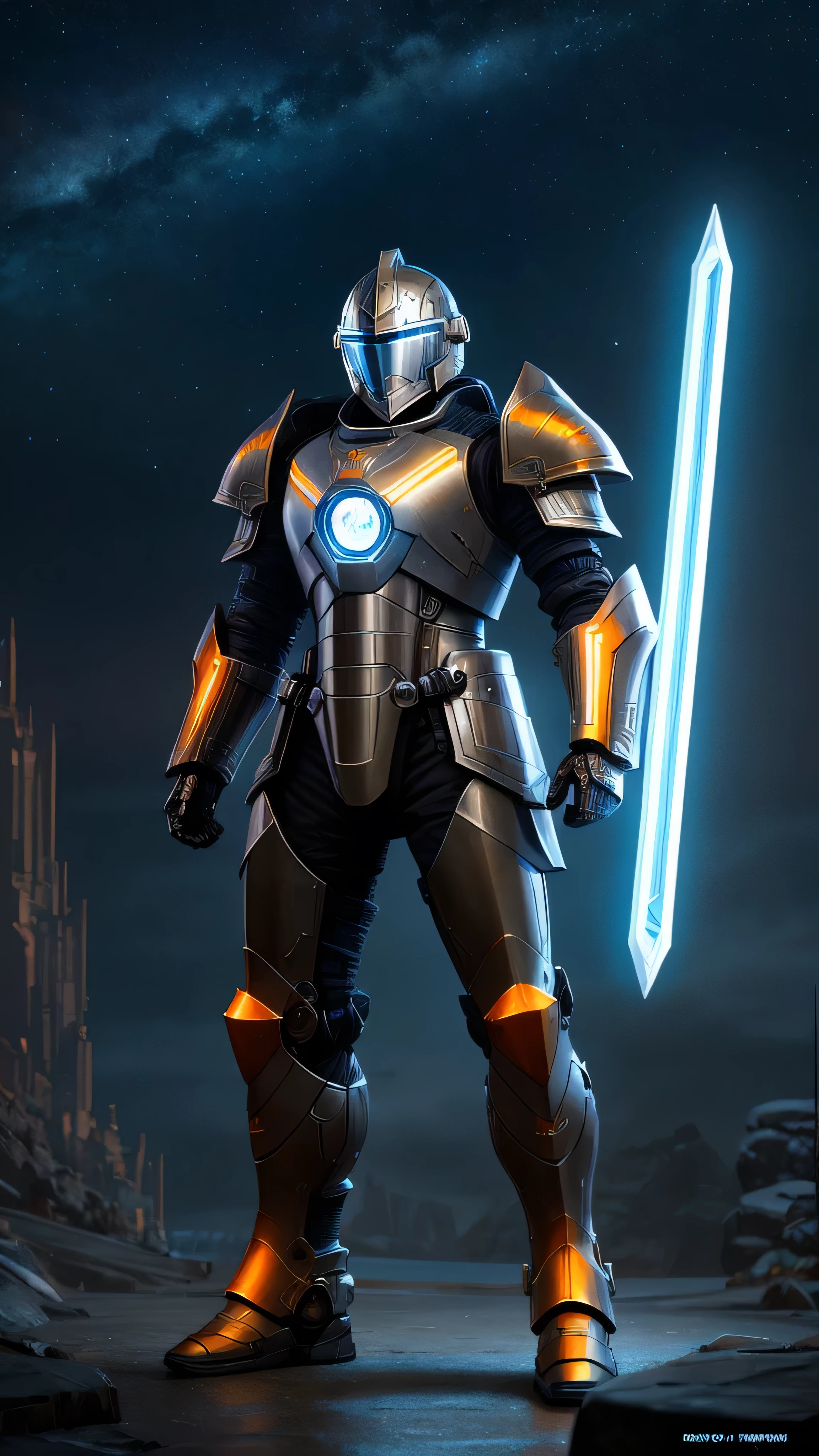 futuristic knight, heavy knight armor, helmet with visor, metallic orange and silver color scheme, modern high-tech elements, intricate engravings, glowing blue lights, holding large round shield, unique emblem, standing, heroic pose, cold starry backdrop, (insanely detailed, beautiful detailed face, masterpiece, best quality), cinematic lighting, 1man, solo, full body view, (front view), looking at viewer, intricate, high detail, sharp focus, dramatic, photorealistic painting art by greg rutkowski