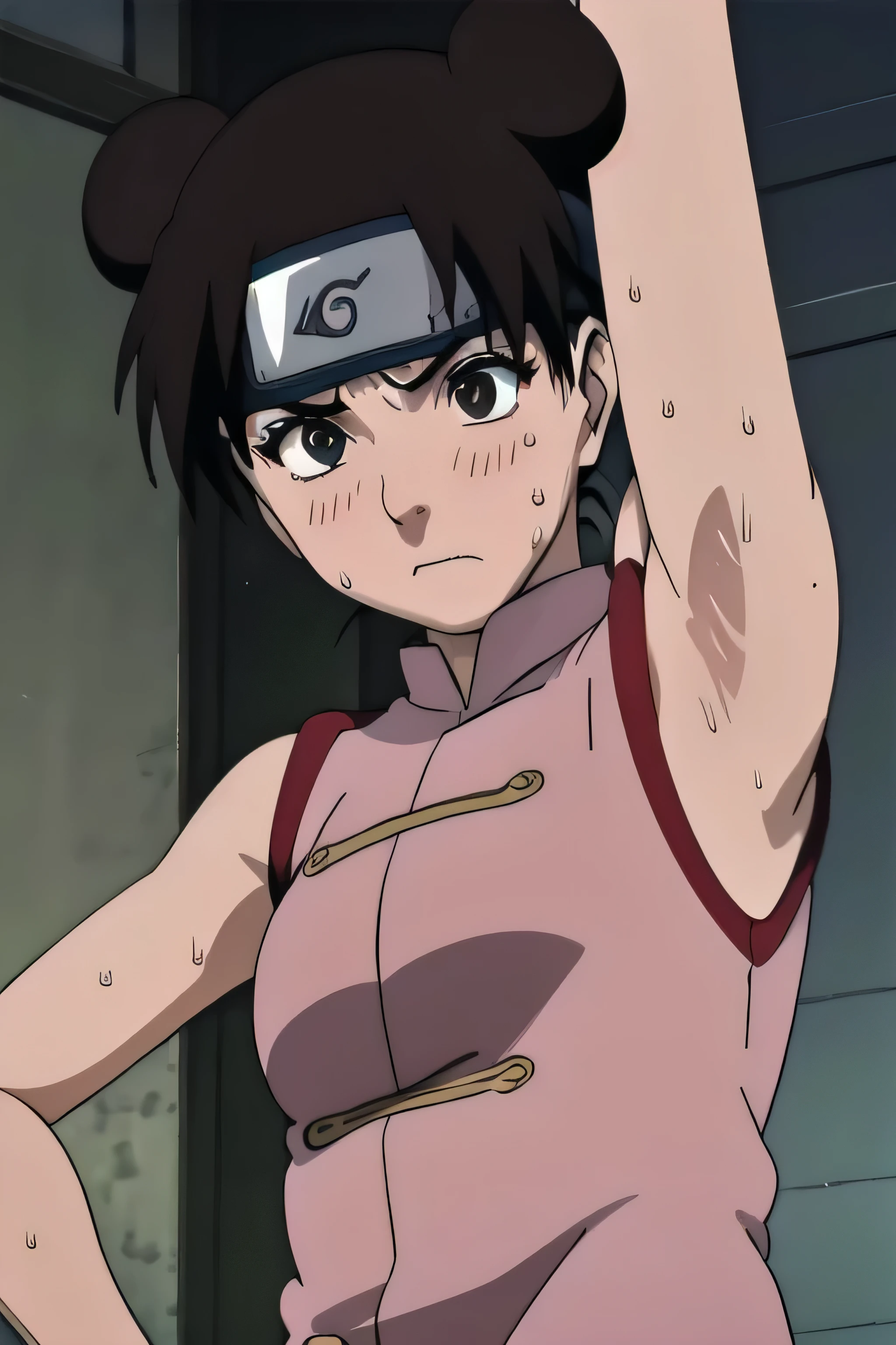 Tenten,solo,armpits,wet armpits, showing wet armpits, armpit,armpits,sweat,sweaty,sweaty armpits,awesome armpits,tired,exhausted,arms up,arm warmers,sleeveless, moderately sized breasts